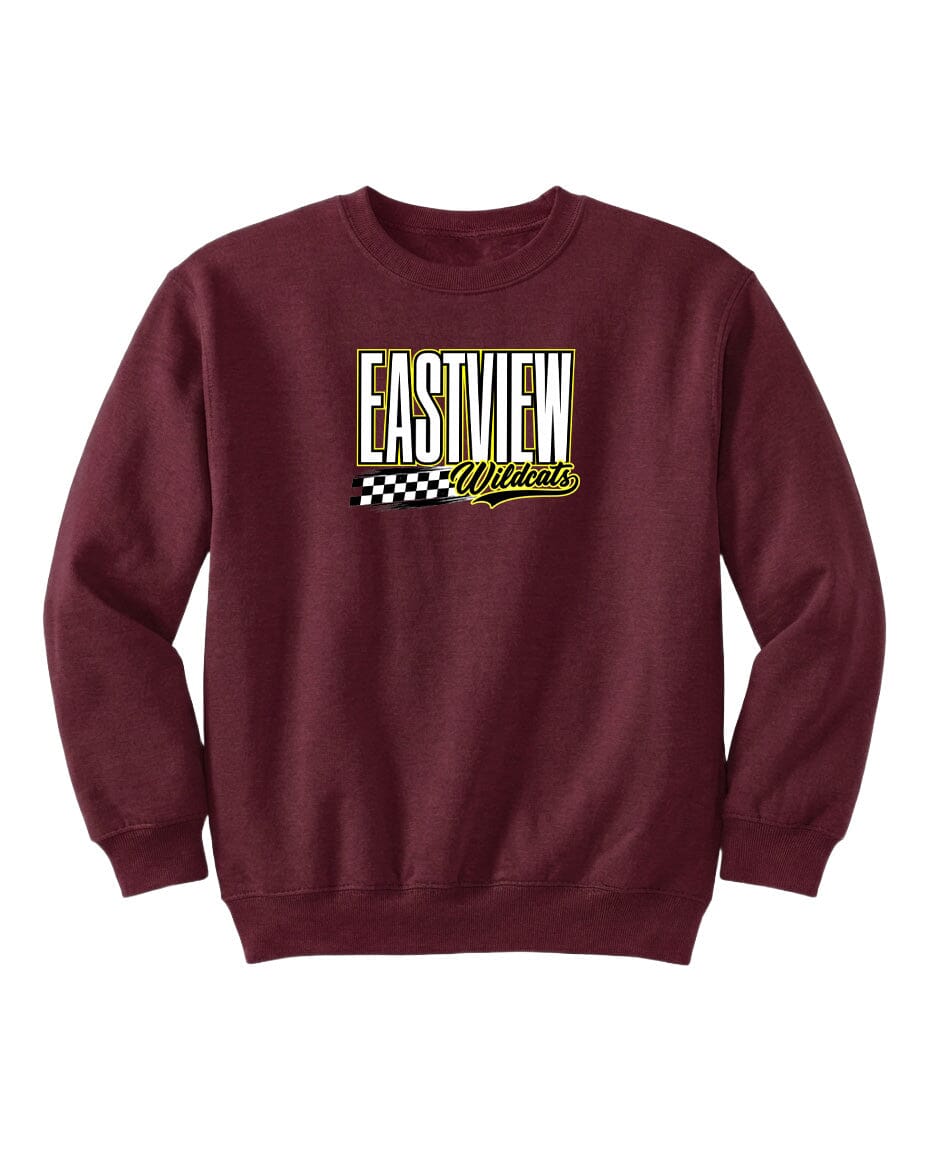A burgundy sweatshirt with a graphic design featuring the text "EASTVIEW Wildcats" in a checkered pattern.