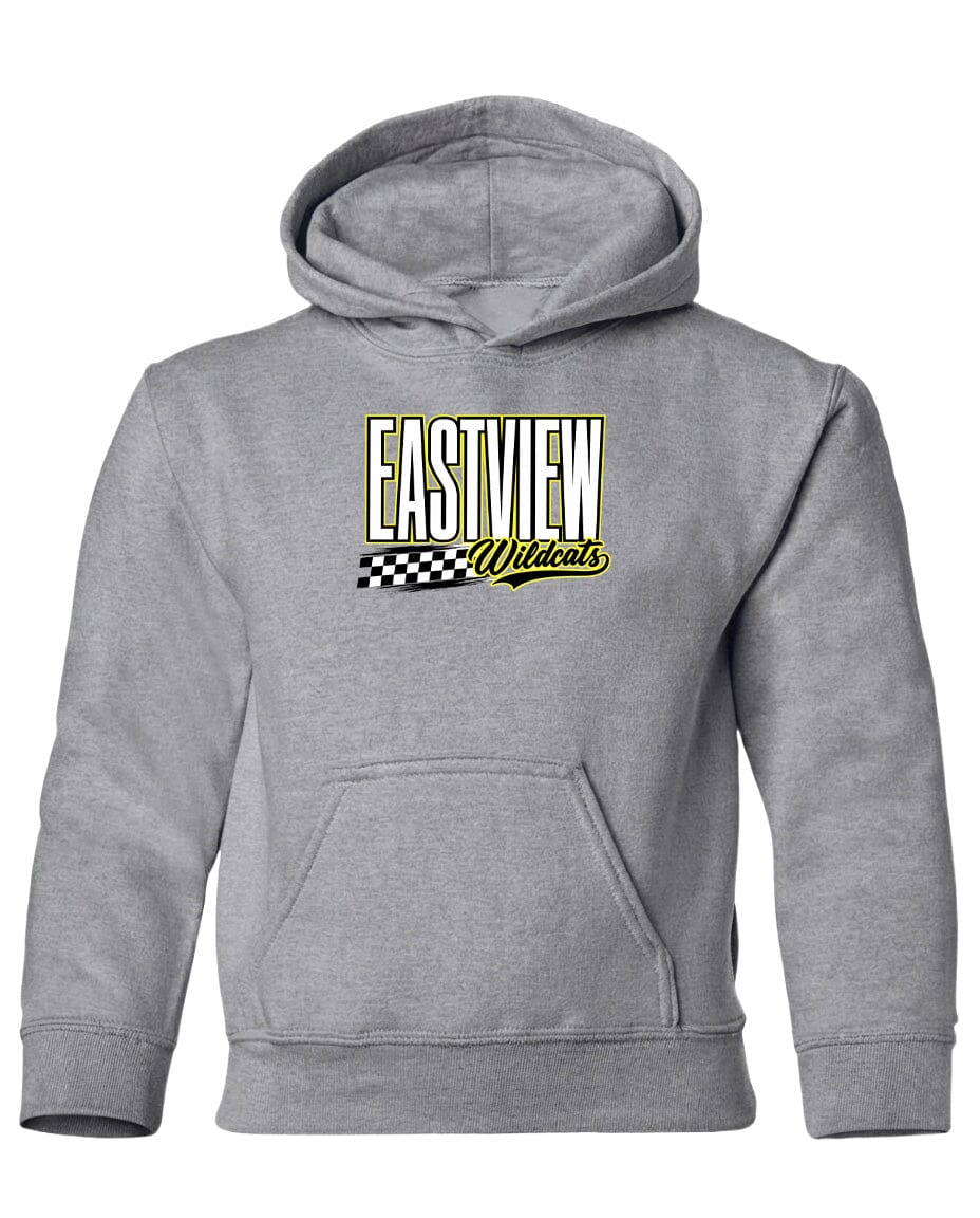 A gray hooded sweatshirt with a logo on the front.