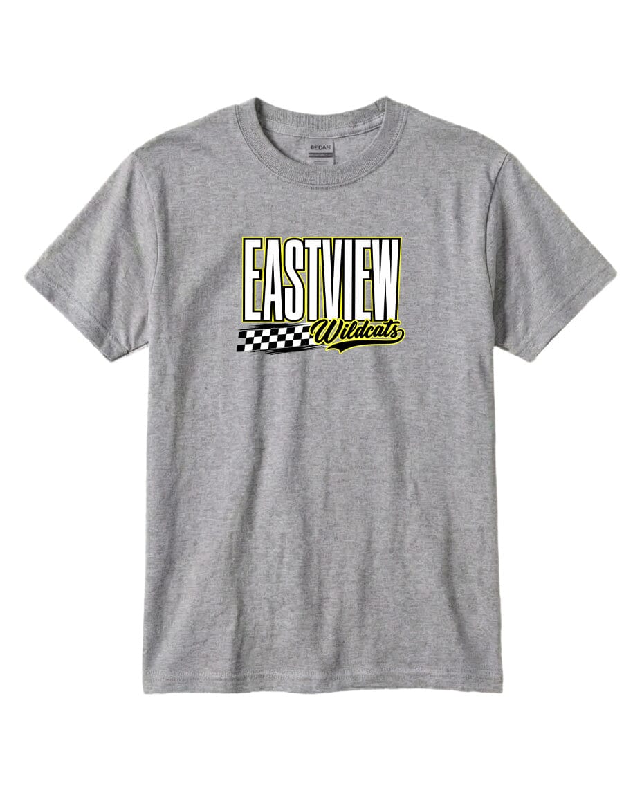 A gray t-shirt with a graphic design featuring the text "EASTVIEW Wildcats" in a bold, yellow font.