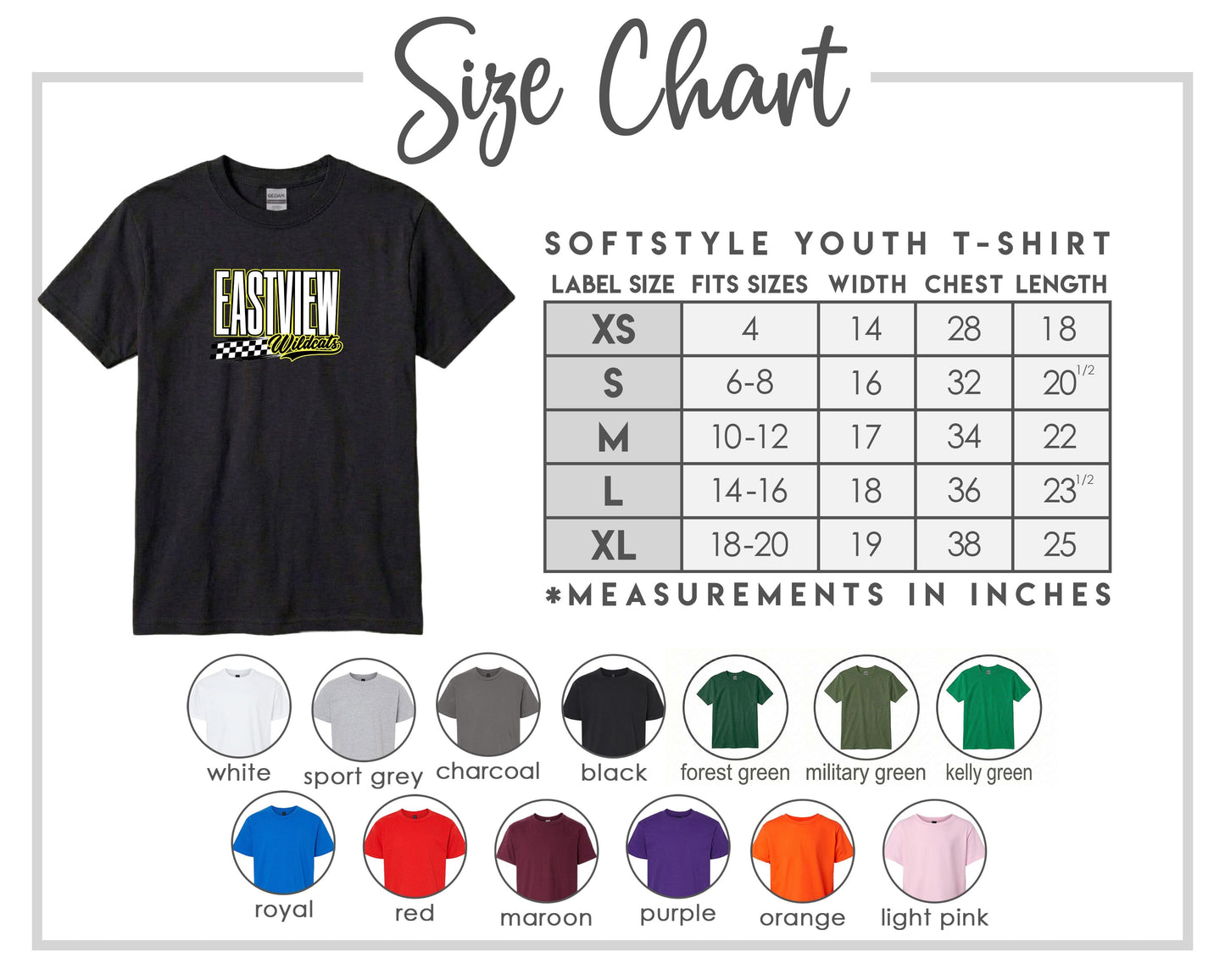 The image is a size chart for a softstyle youth t-shirt, providing measurements for different sizes and corresponding t-shirt colors.