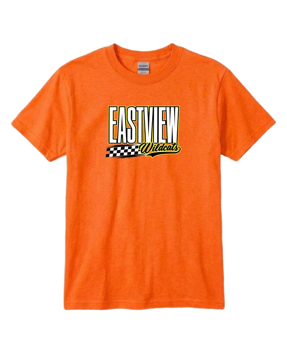 An orange t-shirt with a graphic design featuring the text "EASTVIEW Wildcats" printed on it.