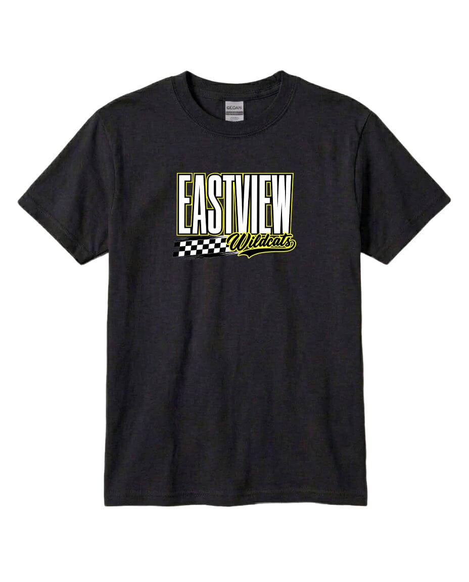 A black t-shirt with a white and yellow text logo that says "EASTVIEW Wildcats".