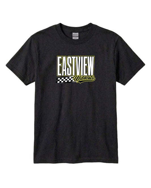 A black t-shirt with a white and yellow text logo that says "EASTVIEW Wildcats".