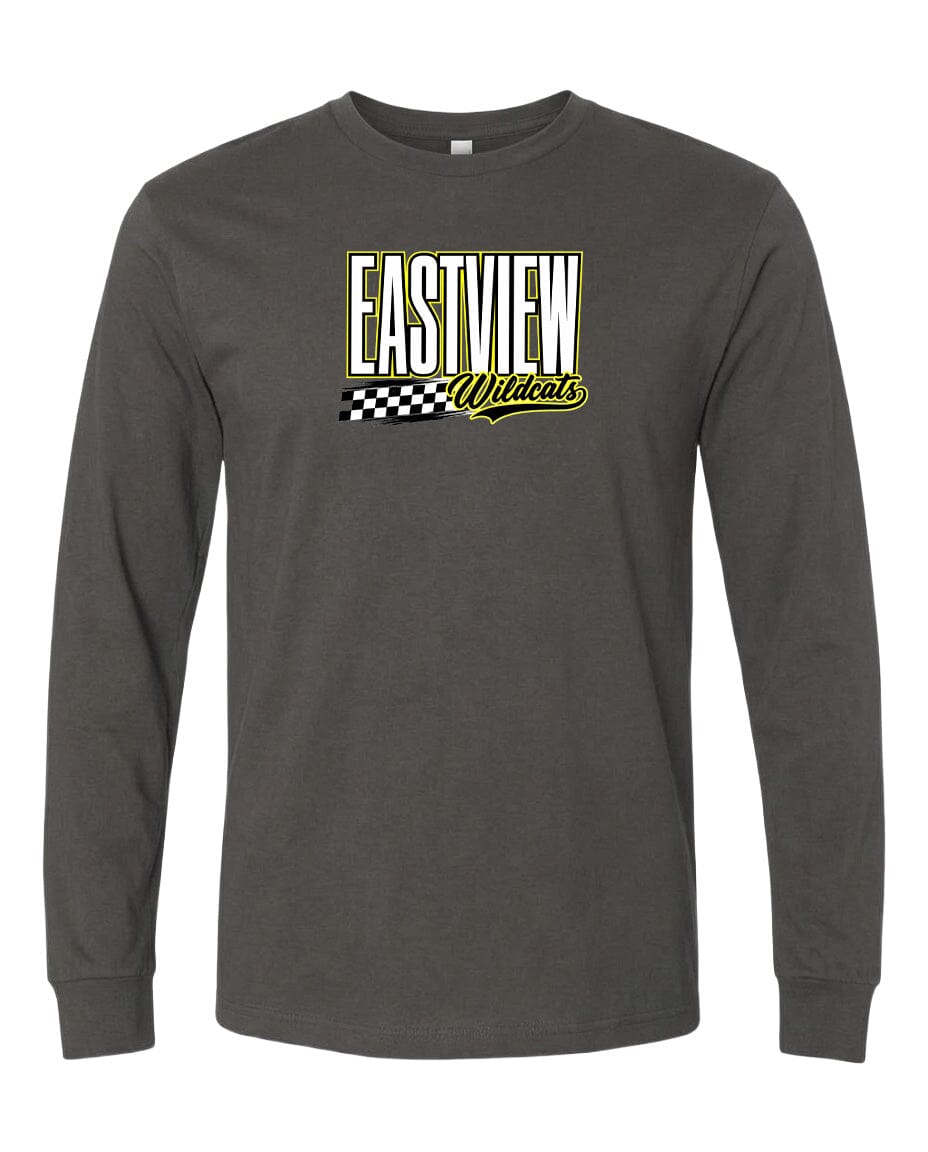A gray long-sleeved t-shirt with a graphic design featuring the text "EASTVIEW Wildcats" in a stylized font.