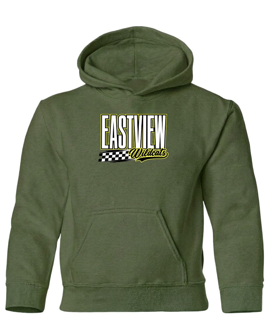 A green hoodie with a logo on the front.