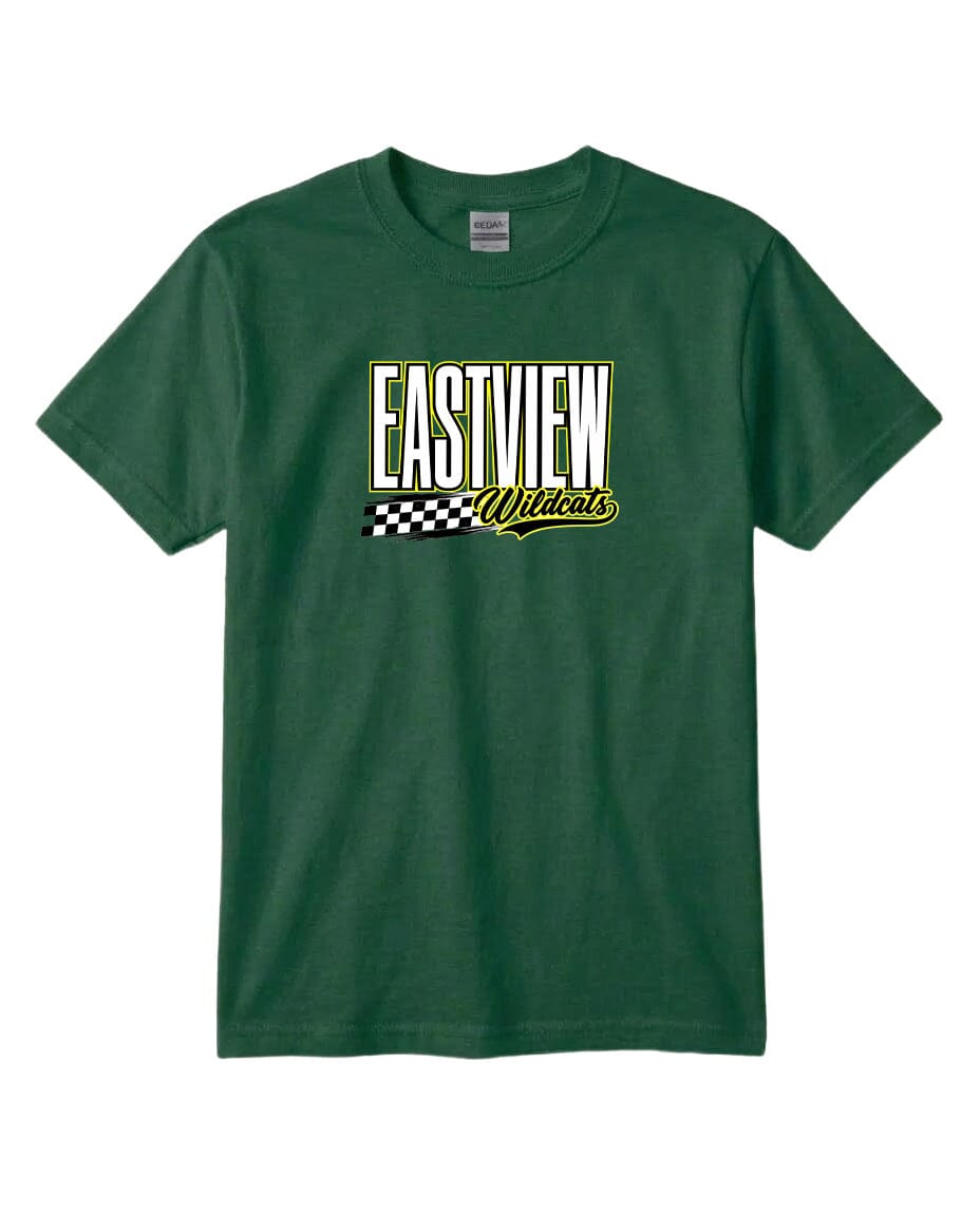 A green t-shirt with a white and yellow text logo that says "EASTVIEW Wildcats".