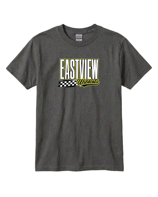 A gray t-shirt with a graphic design featuring the text "EASTVIEW Wildcats" in a checkered pattern.