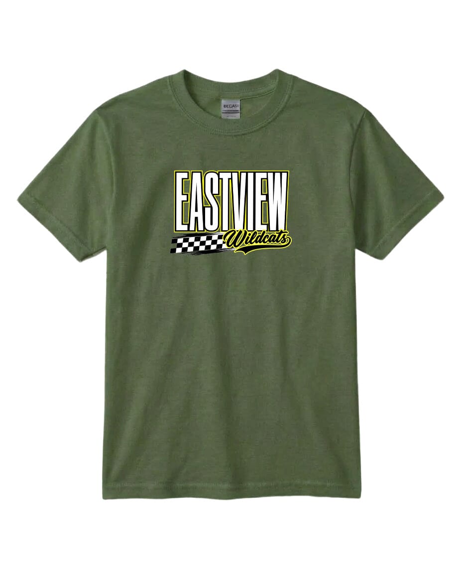 A green t-shirt with a graphic design featuring the text "EASTVIEW Wildcats" printed on it.
