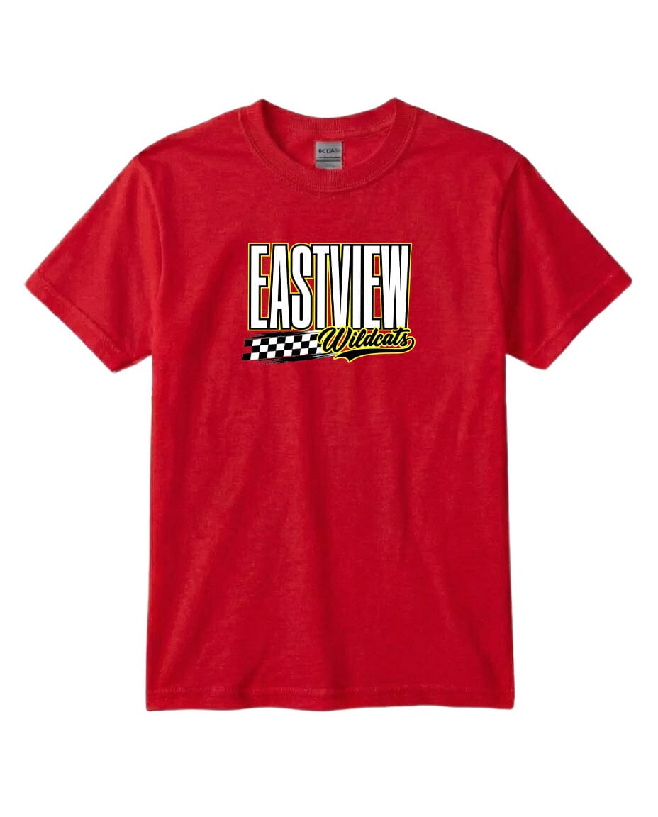 A red t-shirt with a graphic design featuring the text "EASTVIEW Wildcats" printed on it.