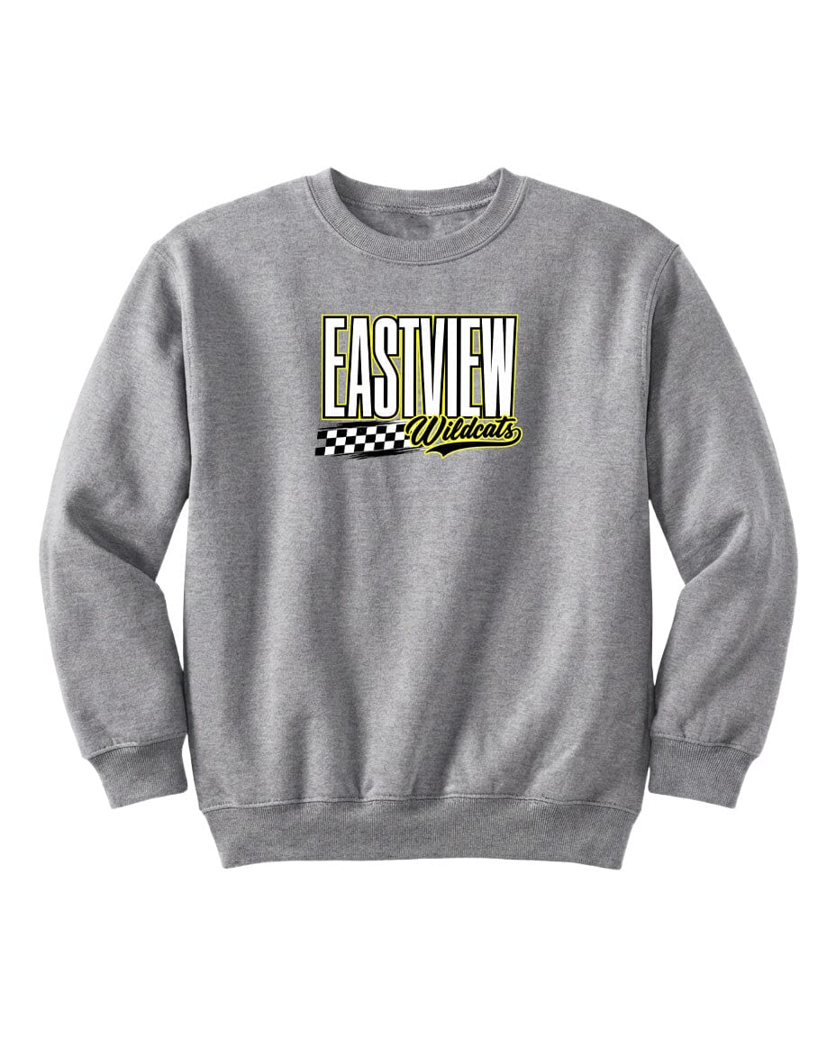 A gray sweatshirt with a logo on the front.