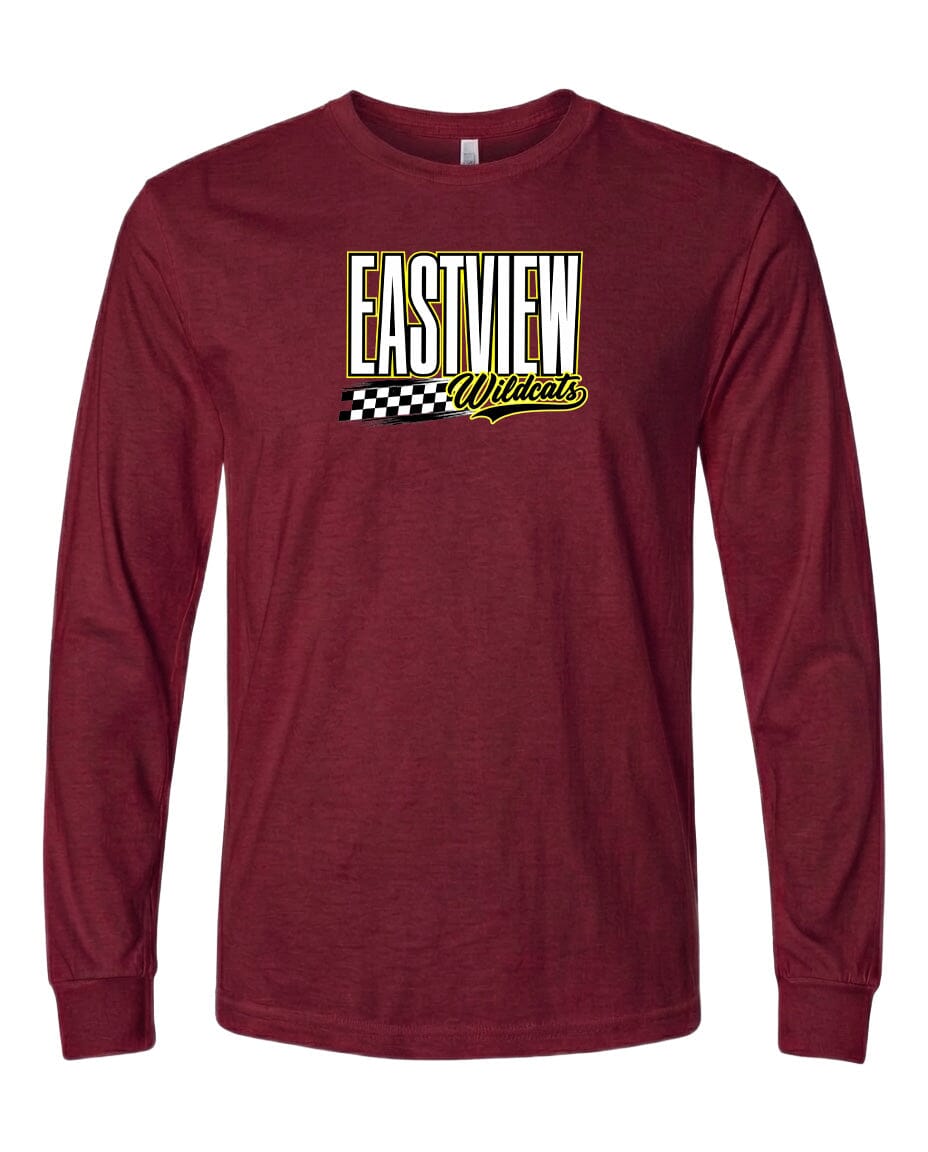 A maroon long-sleeved t-shirt with a graphic design featuring the text "EASTVIEW Wildcats" in a bold, yellow font.