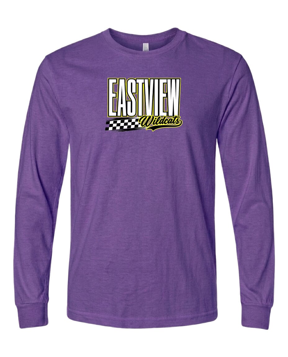 A purple long-sleeved t-shirt with a graphic design on the front.