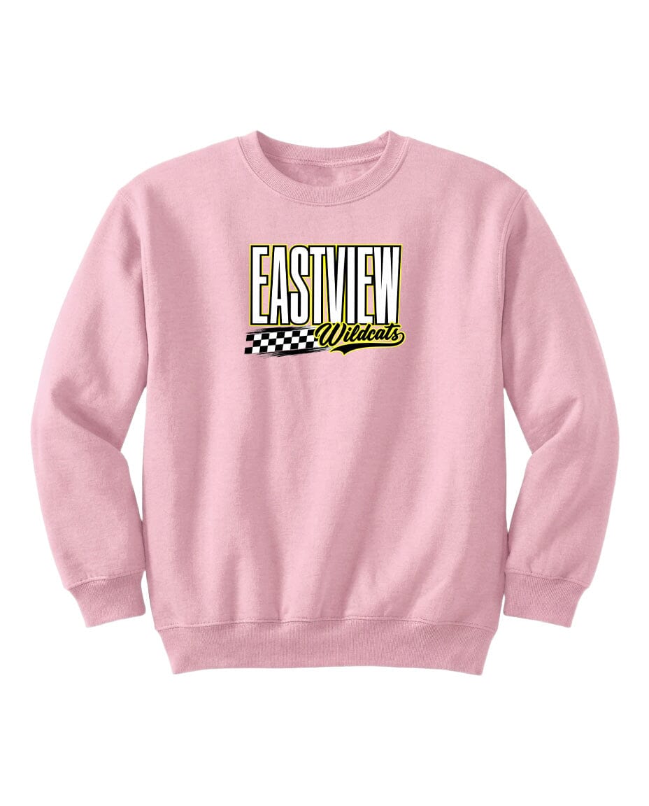 A pink sweatshirt with a logo on it.