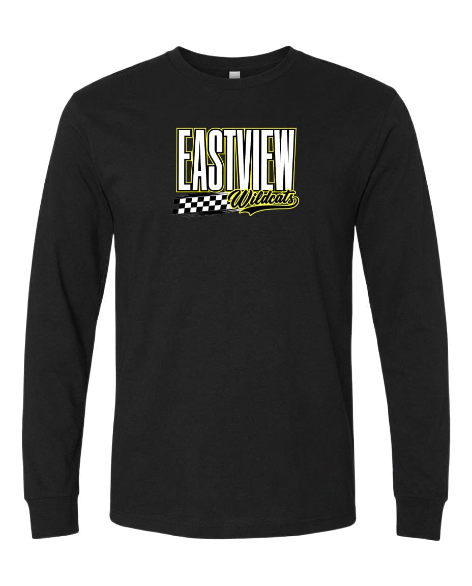 A black long-sleeved t-shirt with a graphic design featuring the text "EASTVIEW Wildcats" in white and yellow.