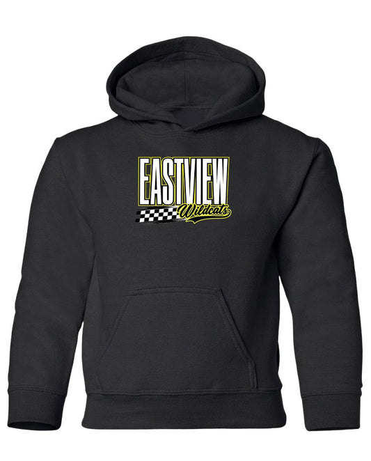 A black hoodie with a graphic design on the front.