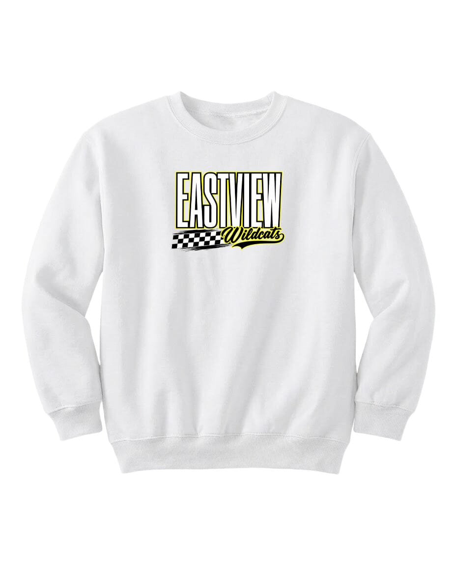 A white sweatshirt with a logo on the front.