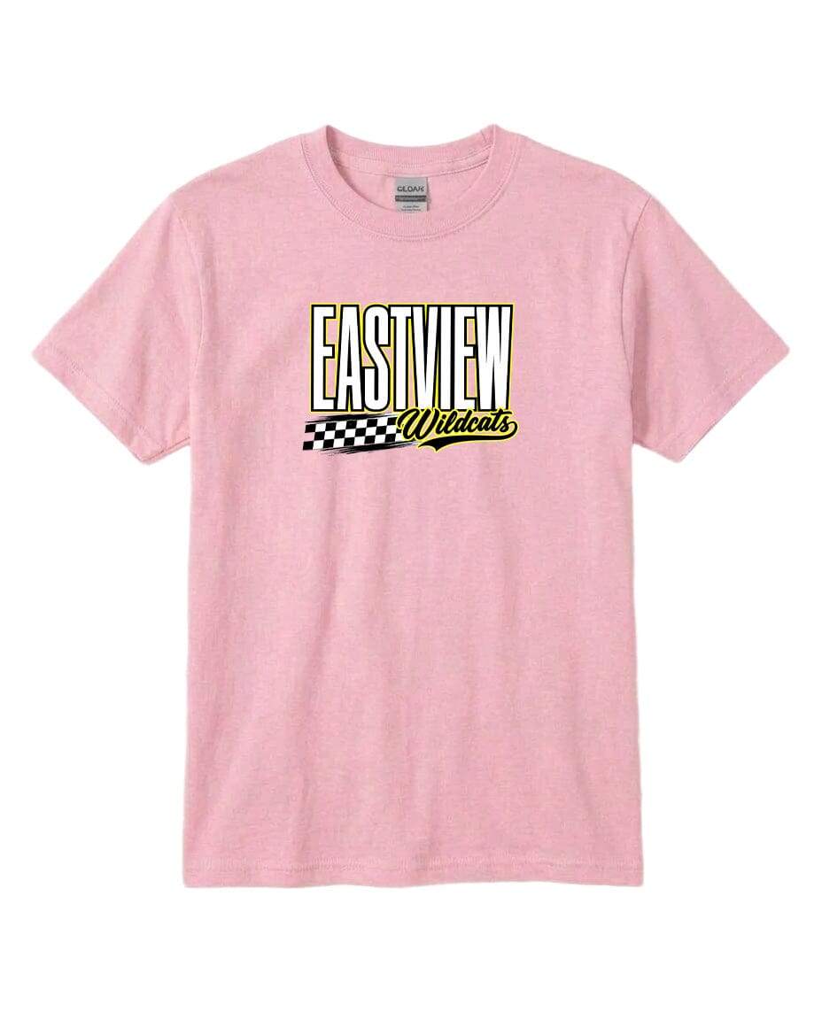 A pink t-shirt with a graphic design featuring the text "EASTVIEW Wildcats" in a bold, yellow font.