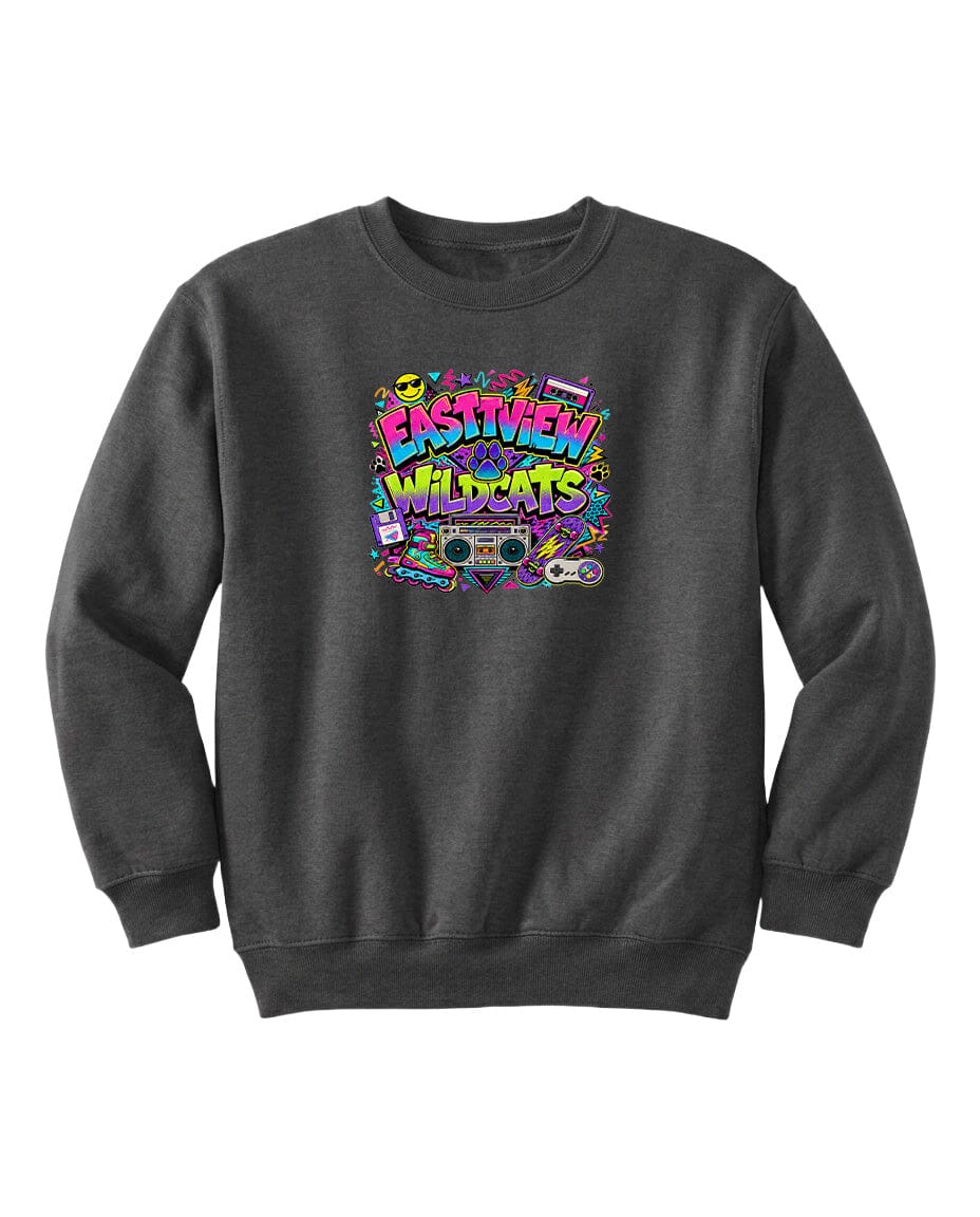 A gray sweatshirt with a colorful graphic design featuring the text "EASTVIEW WILDCATS" surrounded by various icons and symbols.