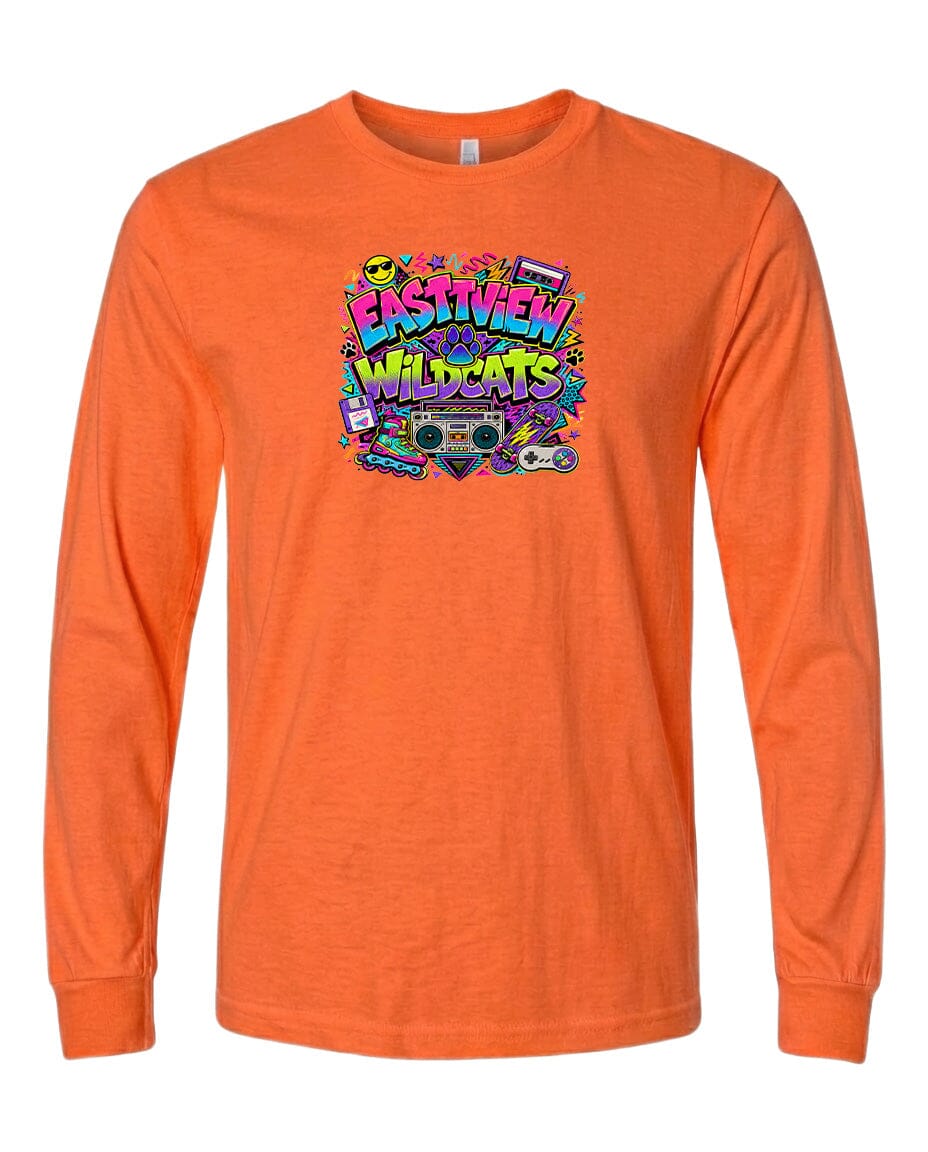 An orange long-sleeved t-shirt with a colorful graphic design featuring various elements such as a boombox, a camera, and other objects.