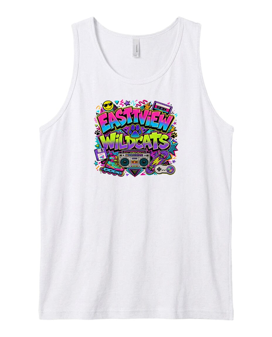 A white tank top with a colorful graphic design featuring the text "EASTVIEW WILDCATS" surrounded by various icons and symbols, such as a boombox, cassette tape, and other retro-style elements.