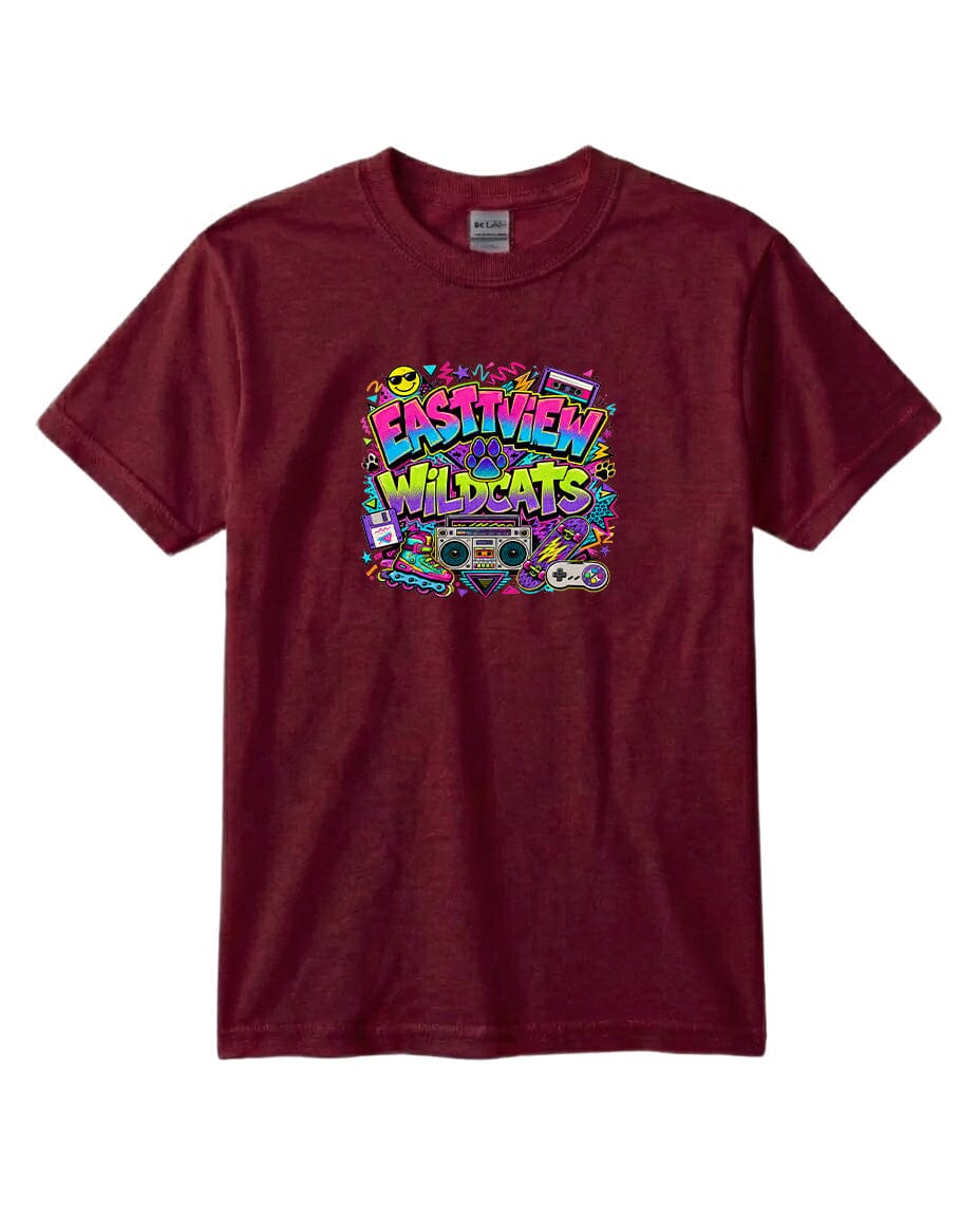 A burgundy-colored t-shirt with a colorful graphic design featuring the text "EASTVIEW WILDCATS" surrounded by various icons and symbols.