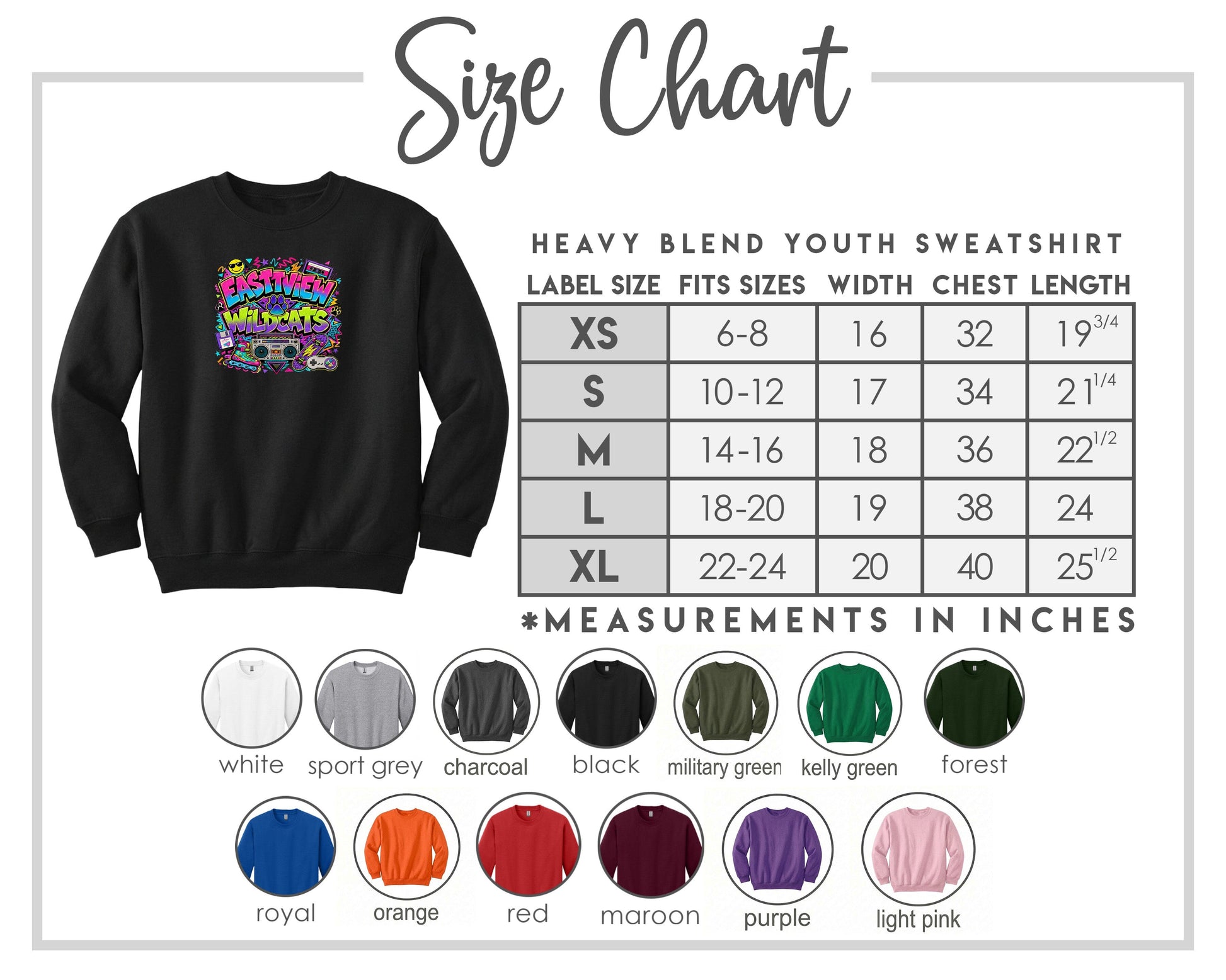 The image is a size chart for a heavy blend youth sweatshirt, including various color options and corresponding measurements in inches.