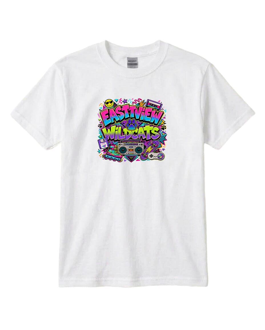 A white t-shirt with a colorful graphic design featuring the text "EASTVIEW WILDCATS" surrounded by various icons and symbols.