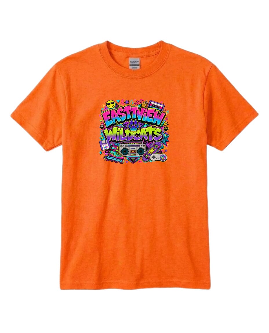 An orange t-shirt with a colorful graphic design featuring the text "EASTVIEW WILDCATS" surrounded by various icons and symbols.