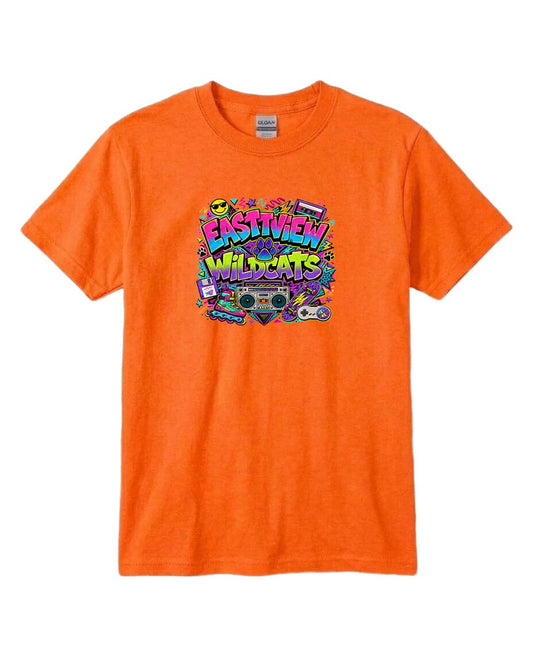An orange t-shirt with a colorful graphic design featuring the text "EASTVIEW WILDCATS" surrounded by various icons and symbols.