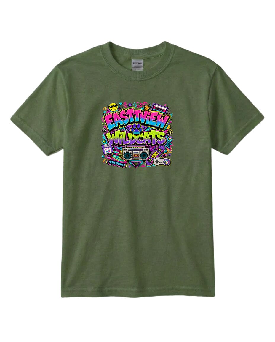 A green t-shirt with a colorful graphic design featuring the text "EASTVIEW WILDCATS" surrounded by various icons and symbols.