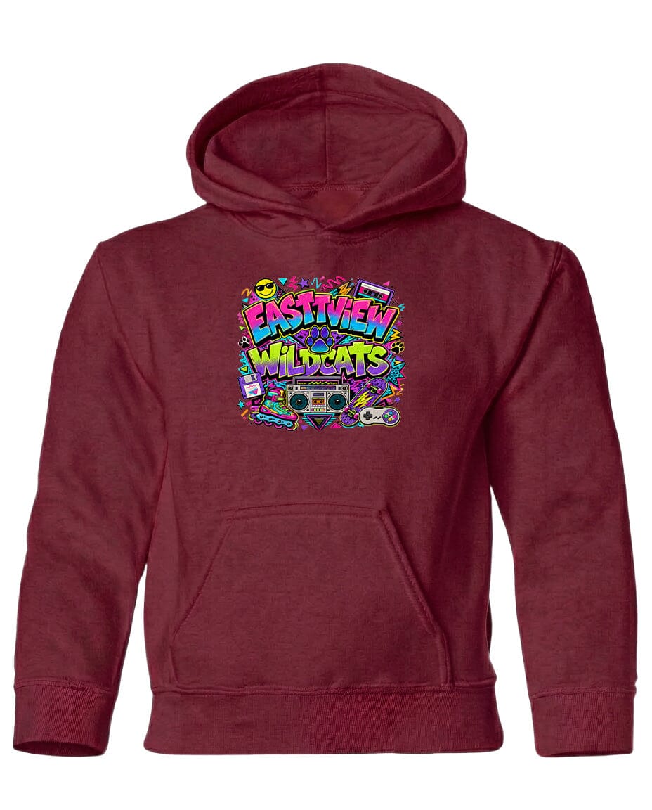 A burgundy hoodie with a colorful graphic design featuring the text "EASTVIEW WILDCATS" surrounded by various icons and symbols.