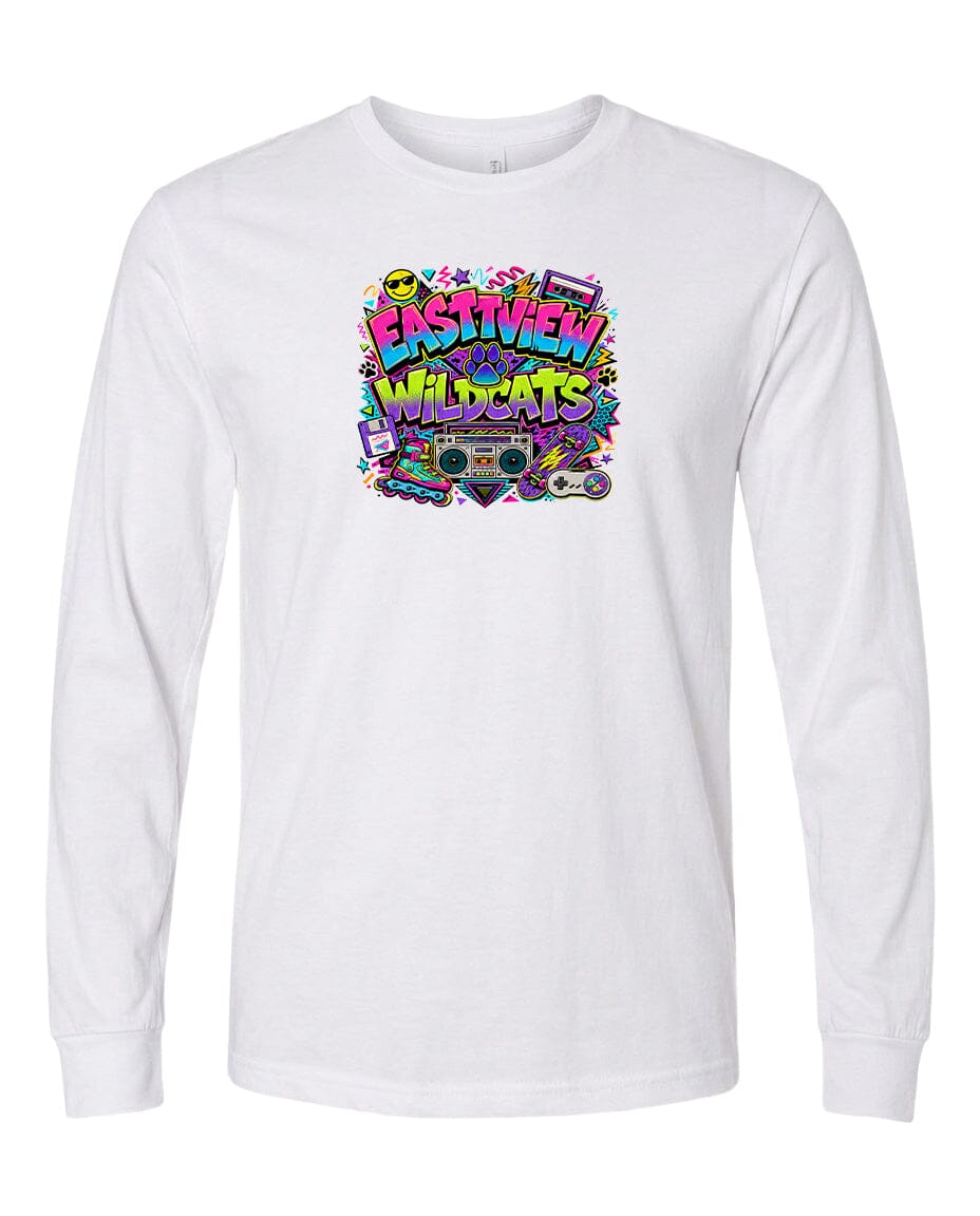 A white long-sleeved t-shirt with a colorful graphic design featuring the text "EASTVIEW WILDCATS" surrounded by various icons and symbols.