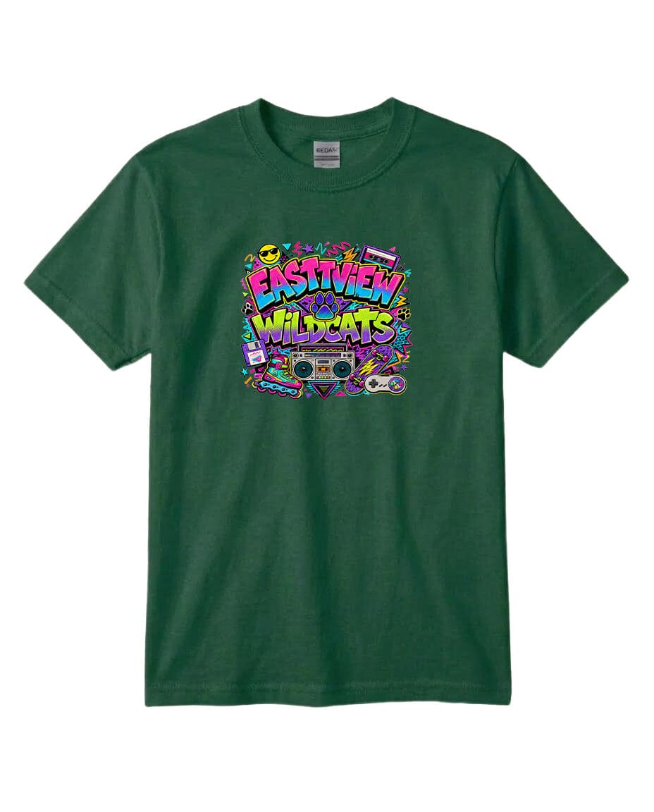 A green t-shirt with a colorful graphic design featuring the text "EASTVIEW WILDCATS" surrounded by various icons and symbols.