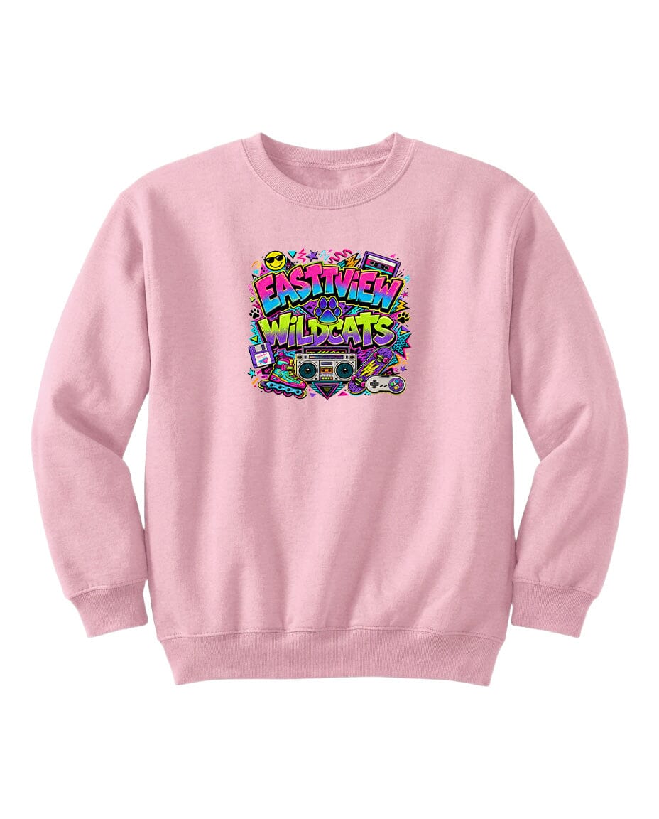 A pink sweatshirt with a colorful graphic design featuring various icons and text.