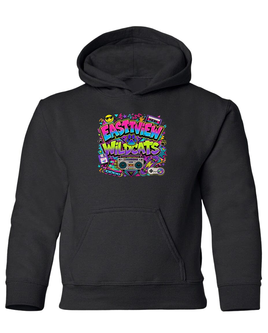 A black hoodie with a colorful graphic design featuring the text "EASTVIEW WILDCATS" surrounded by various icons and symbols.