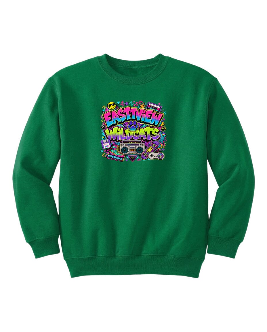 A green sweatshirt with a colorful graphic design featuring the text "EASTVIEW WILDCATS" surrounded by various icons and symbols.