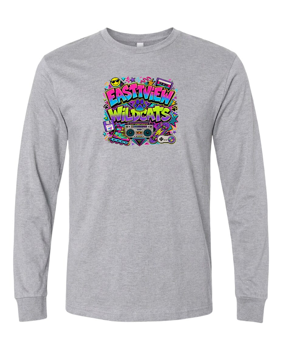 A gray long-sleeved t-shirt with a colorful graphic design featuring the text "EASTVIEW WILDCATS" surrounded by various icons and symbols.