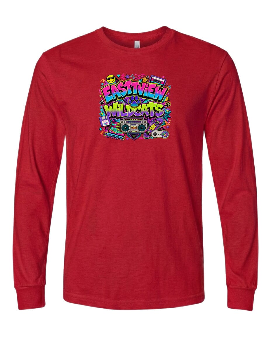 A red long-sleeved t-shirt with a colorful graphic design featuring the text "EASTVIEW WILDCATS" surrounded by various icons and symbols.