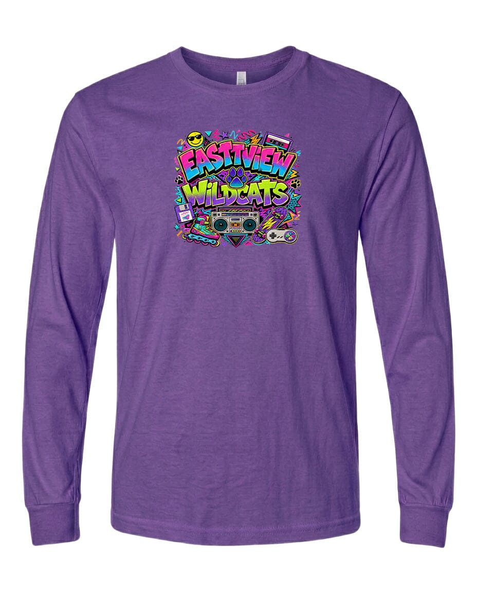 A purple long-sleeved t-shirt with a colorful graphic design featuring the text "EASTVIEW WILDCATS" surrounded by various icons and symbols.