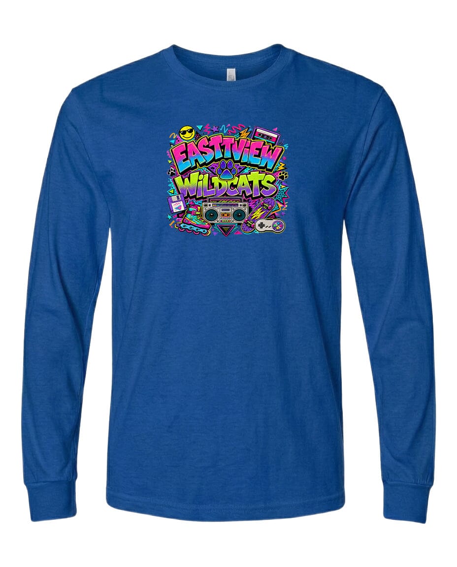 A blue long-sleeved t-shirt with a colorful graphic design featuring the text "EASTVIEW WILDCATS" surrounded by various icons and elements.