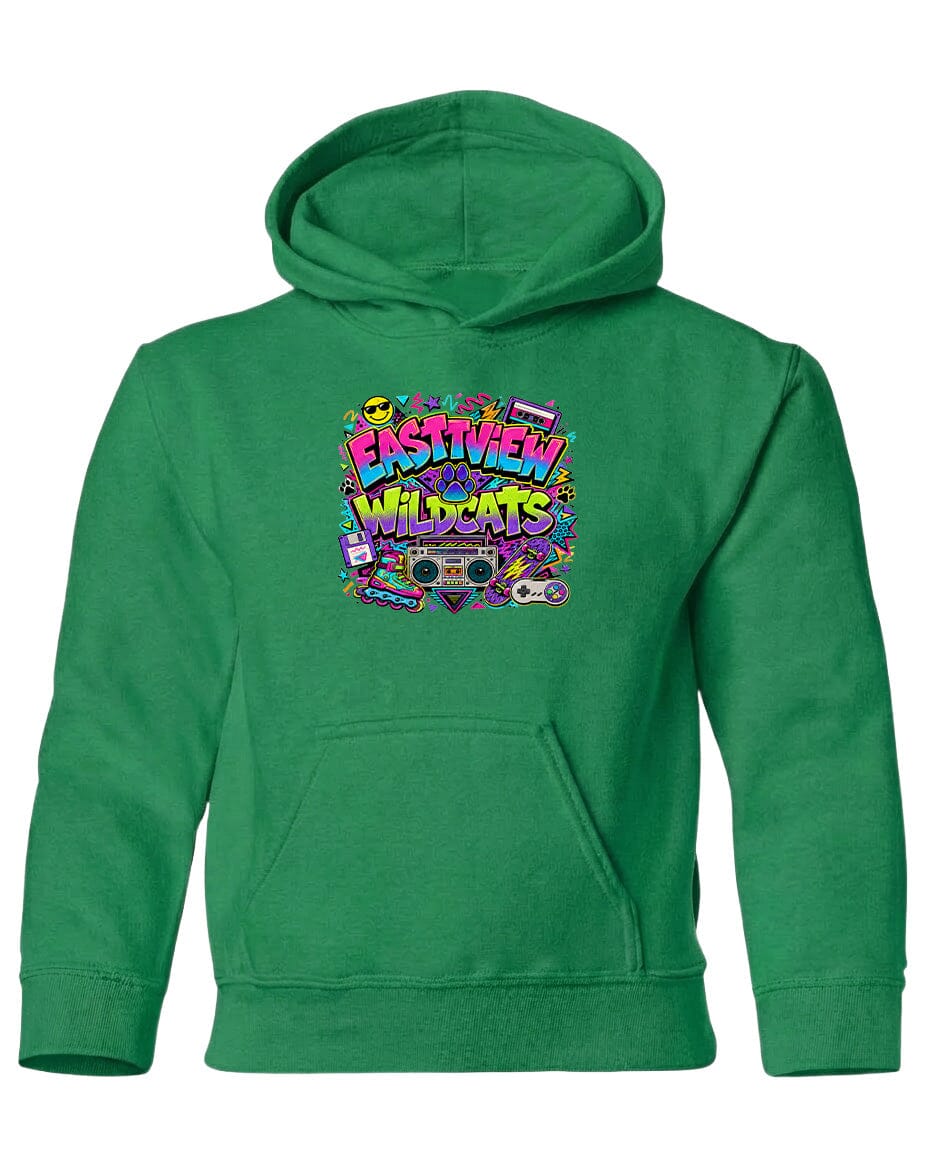 A bright green hoodie with a colorful graphic design on the front.