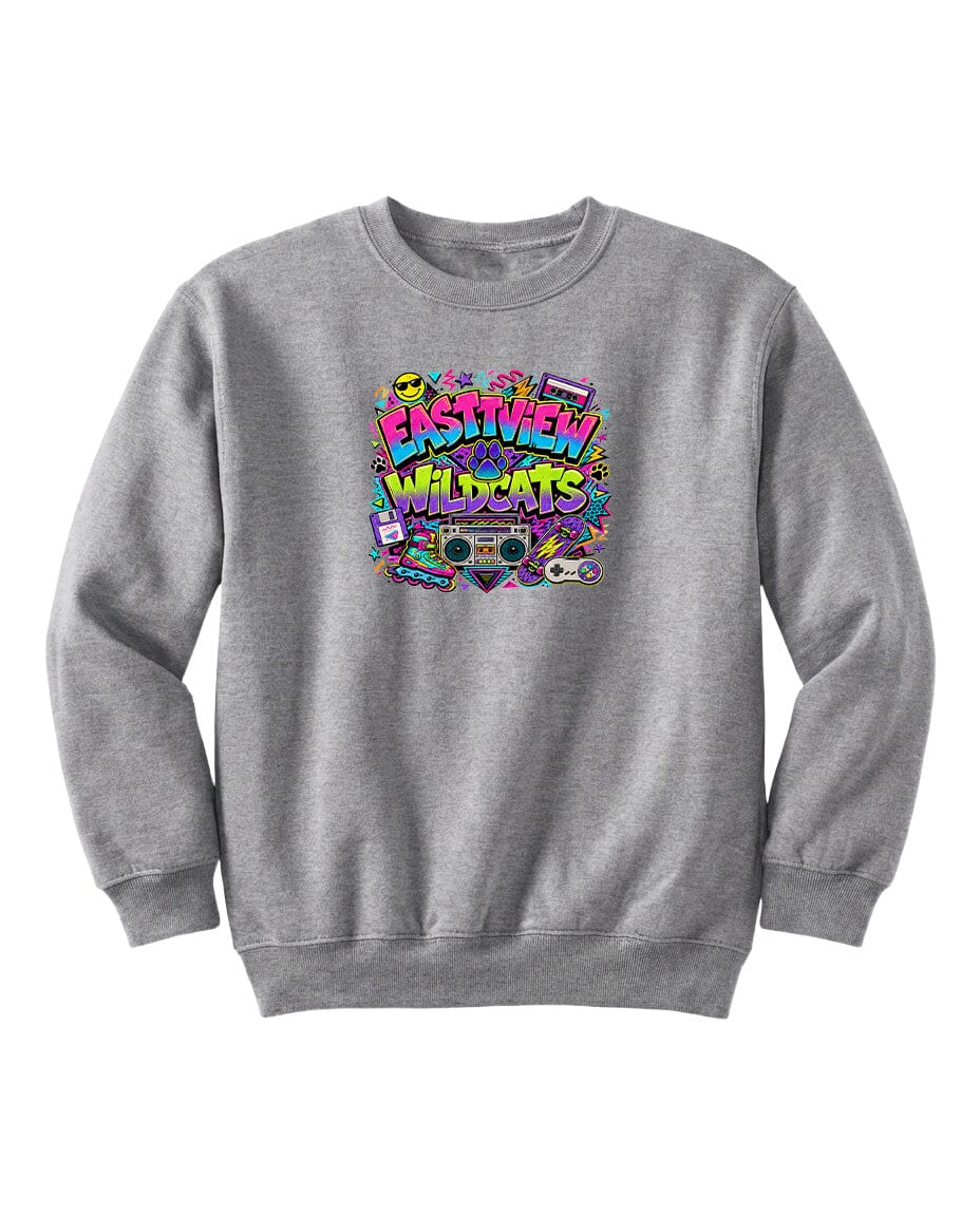 A gray sweatshirt with a colorful graphic design featuring the text "EASTVIEW WILDCATS" surrounded by various icons and symbols.