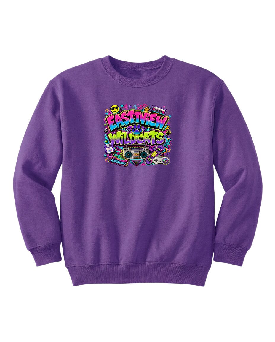 A purple sweatshirt with a colorful graphic design featuring the text "EASTVIEW WILDCATS" surrounded by various icons and symbols.