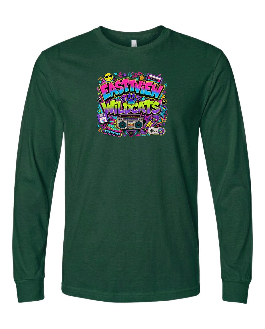 A long-sleeved green t-shirt with a colorful graphic design featuring the text "EASTVIEW WILDCATS" surrounded by various icons and elements.
