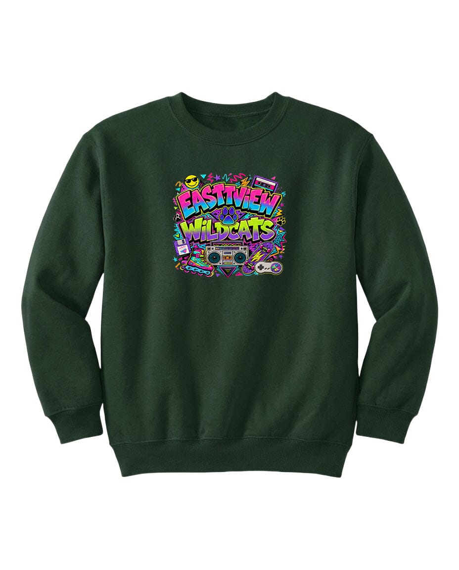 A dark green sweatshirt with a colorful graphic design featuring the text "EASTVIEW WILDCATS" surrounded by various icons and symbols.
