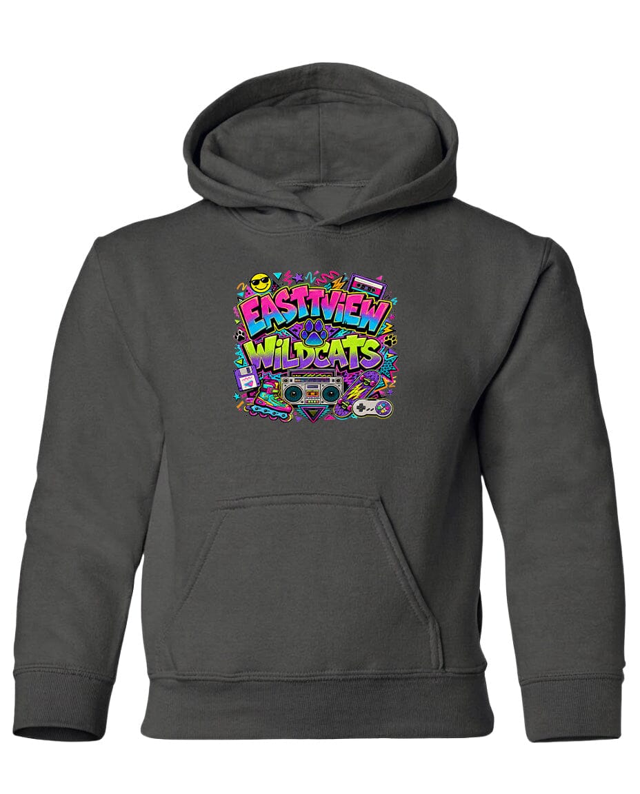A gray hoodie with a colorful graphic design featuring the text "EASTVIEW WILDCATS" surrounded by various icons and symbols.