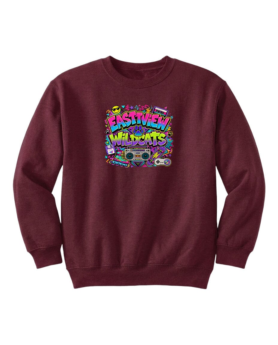A burgundy sweatshirt with a colorful graphic design featuring the text "EASTVIEW WILDCATS" surrounded by various icons and symbols.