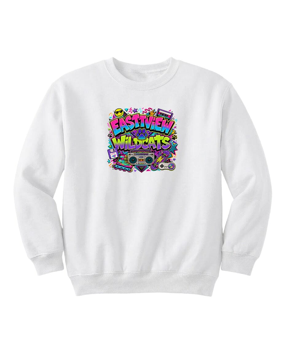 A white sweatshirt with a colorful graphic design featuring the text "EASTVIEW WILDCATS" surrounded by various icons and symbols.