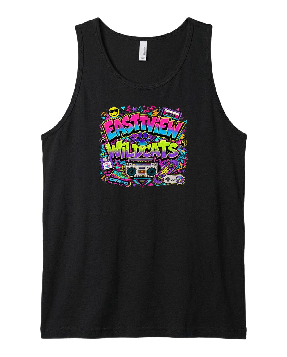 A black tank top with a colorful graphic design featuring the text "EASTVIEW WILDCATS" surrounded by various icons and symbols, such as a boombox, cassette tape, and other retro-style elements.