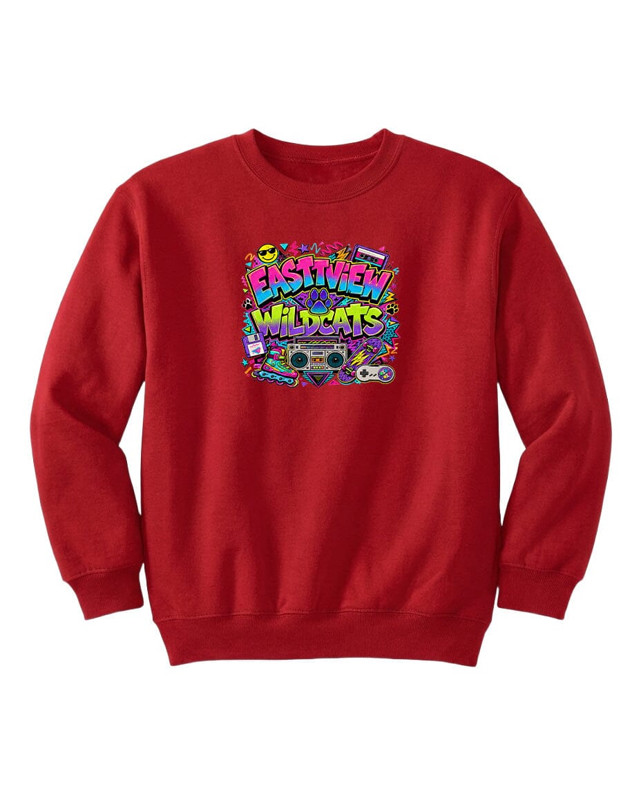A red sweatshirt with a colorful graphic design featuring the text "EASTVIEW WILDCATS" surrounded by various icons and symbols.